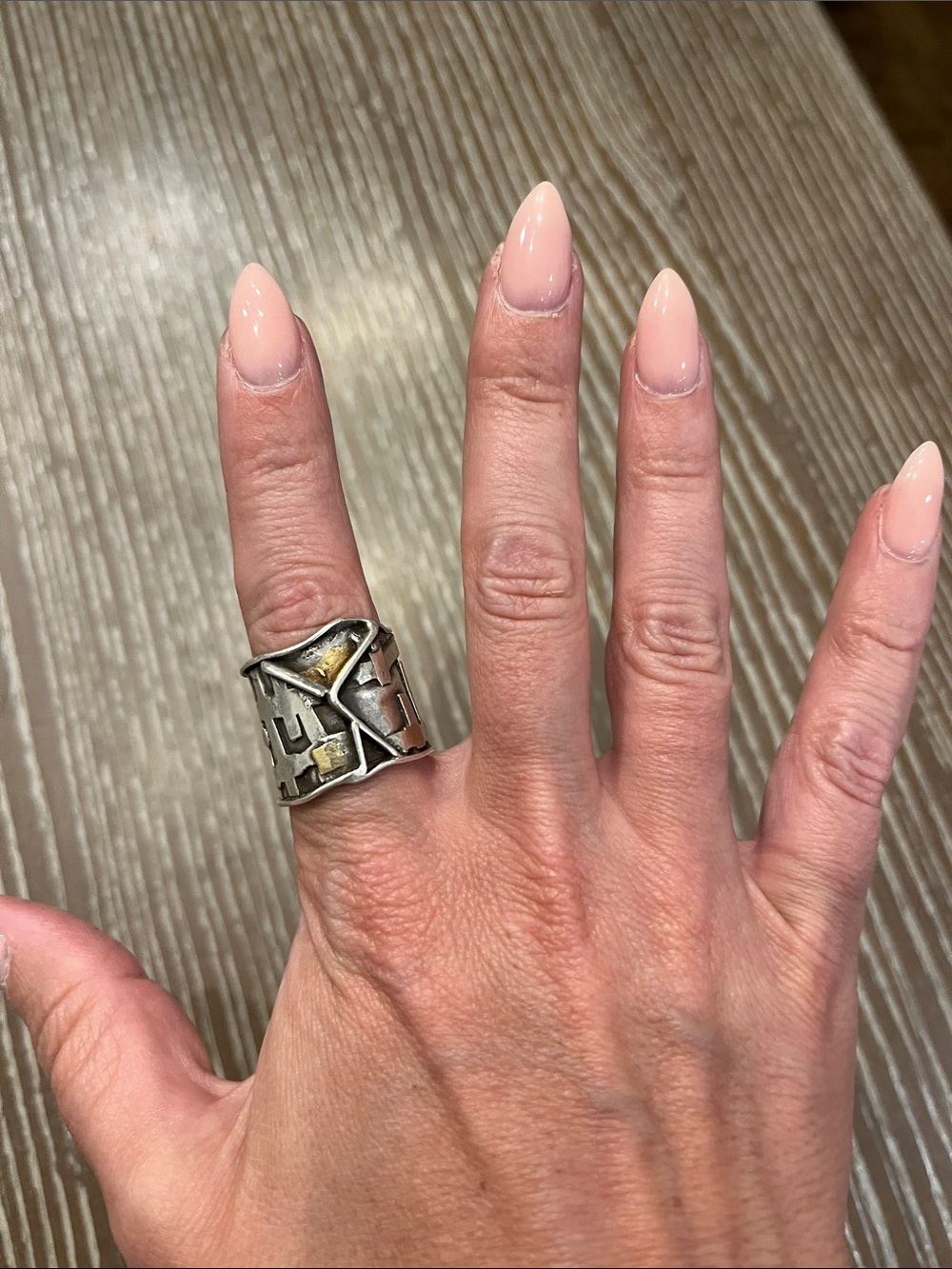 Chunky Silver Geometric Statement Ring with Gold Accents